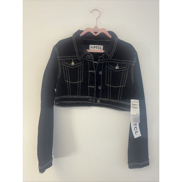 NWT PCTL Black Jean Jacket White Stitching Button Up Emo Goth Grunge Sz Med - Picture 1 of 6